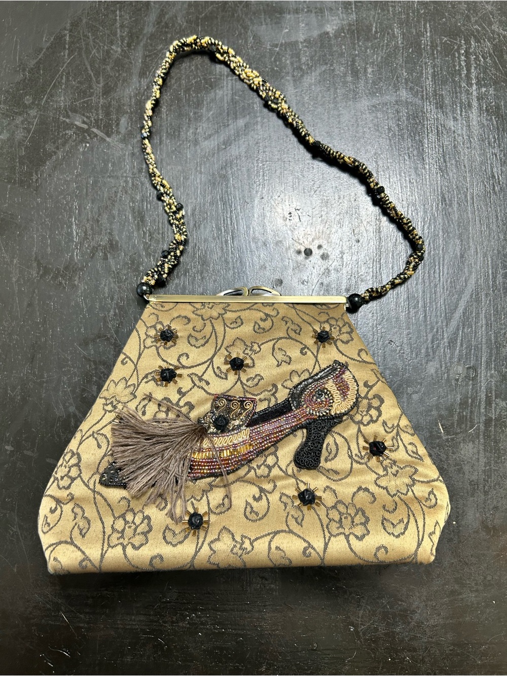 Embroidered Gold Evening Handbag with Beaded Heel Motif